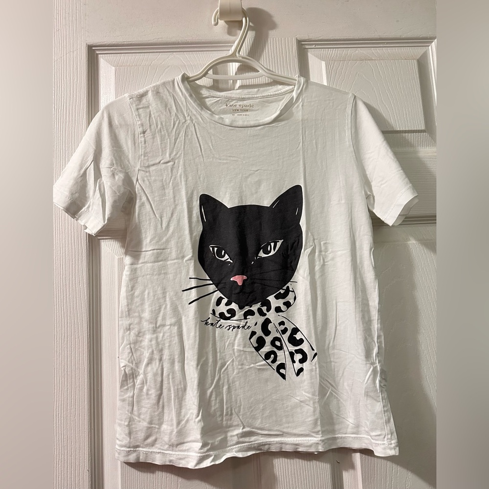 Kate Spade White Tee with Black Cat and Pink Accents